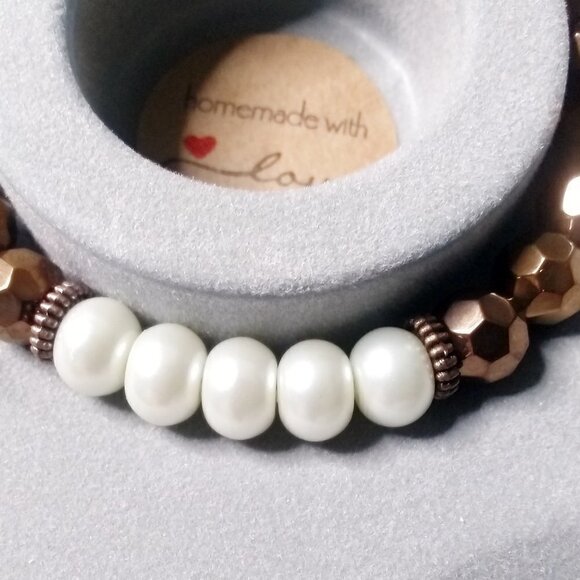 Copper + Faux Stretch Pearls Bracelet! Upscale Boho Contrasts Feminine Trendy - Picture 7 of 10